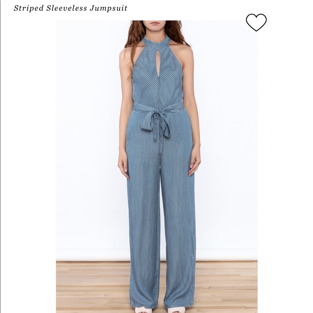 Striped Chambray Sleeveless Jumpsuit Keyhole NWT - Picture 6 of 7